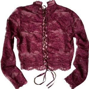 Victoria’s Secret Sheer Lace‎ Floral Top with Lace-up Back, Burgundy, Sz Medium